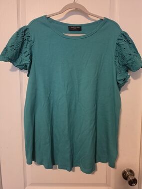 Lane Bryant Teal Ribbed Top with Eyelet Puff Sleeves